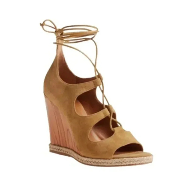 Tory Burch Raya Suede Lace Up Wedges Heeled Heels Tan Brown Open Toe Sandals 9.5 - Picture 6 of 10